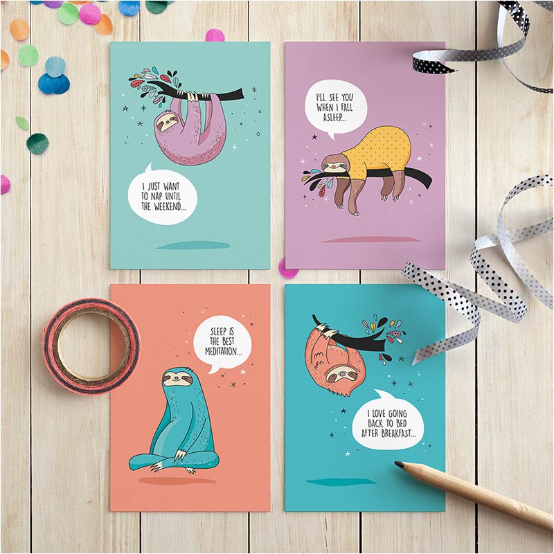 Cadeaukaartjes set van 4 'Lazy luiaards'