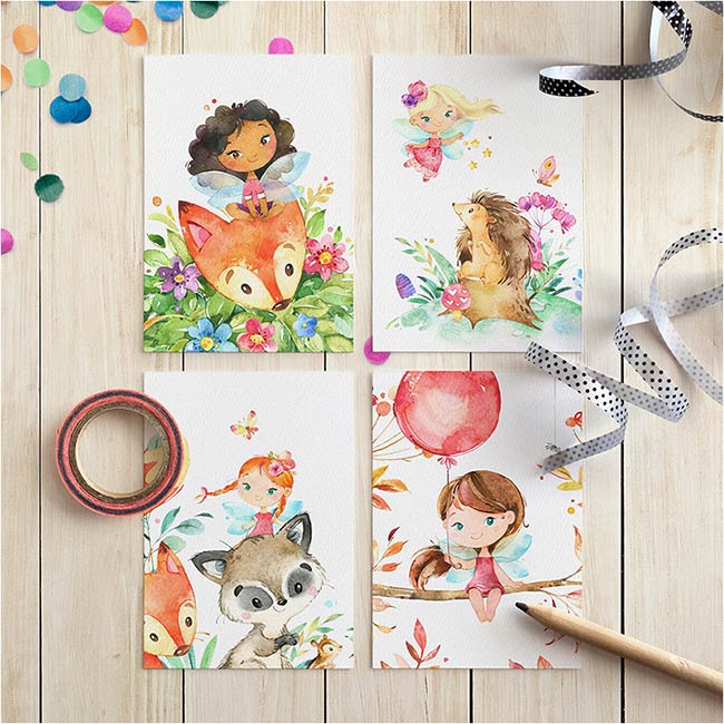 Cadeaukaartjes set van 4 'Bezige feetjes'