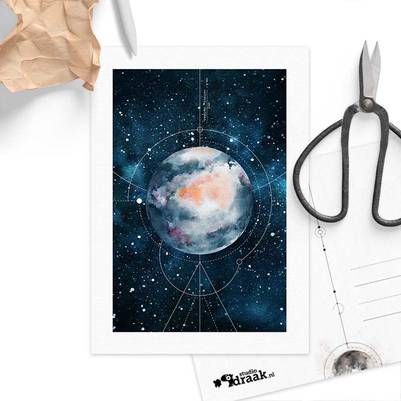 Postkaart 'Dansende planeten' blauw solo